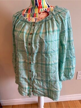 Kim Rogers 100% Cotton Light Aqua Plaid Button-Front Peasant Top
